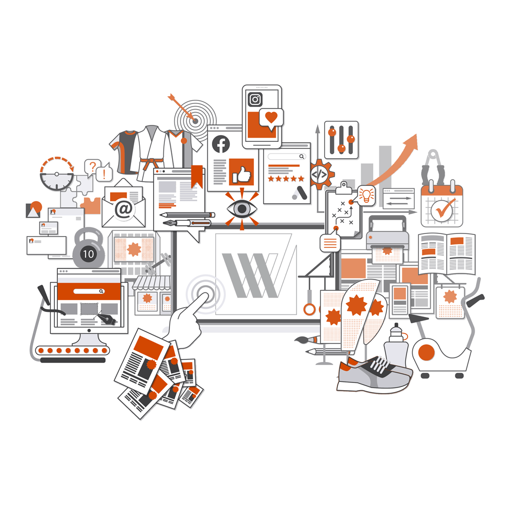 Collage mit vielen, sich überlagernden Icons zum Thema Computer, Sport, Fitness und Kampfsport